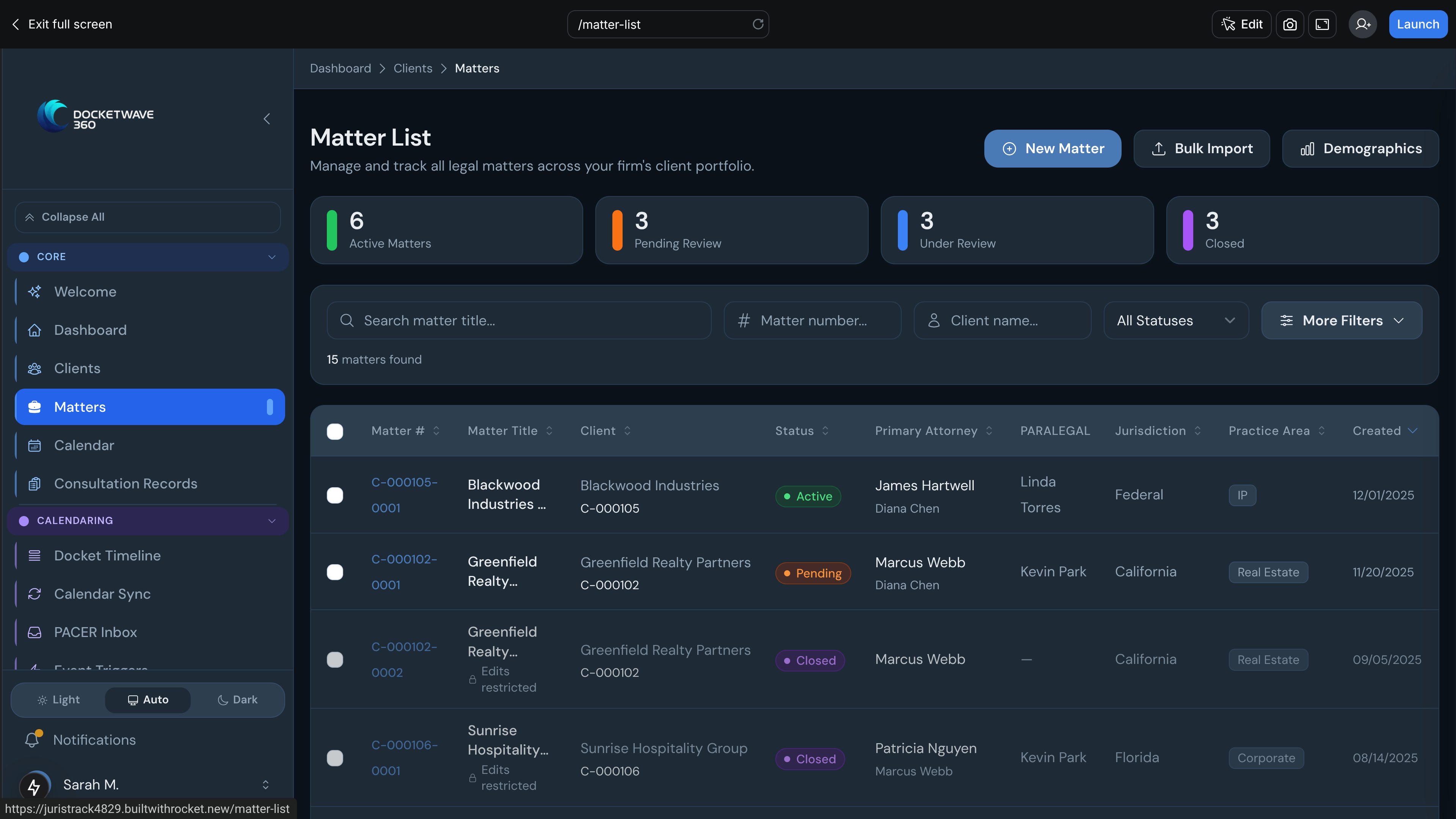 DocketWave Matter Dashboard showing a list of legal matters with status, deadlines, and risk indicators